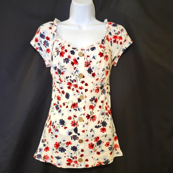 Red Blue Floral Babydoll Top Size M‎ Retro Y2K Coquette Americana Girlhoodcore - Picture 1 of 9